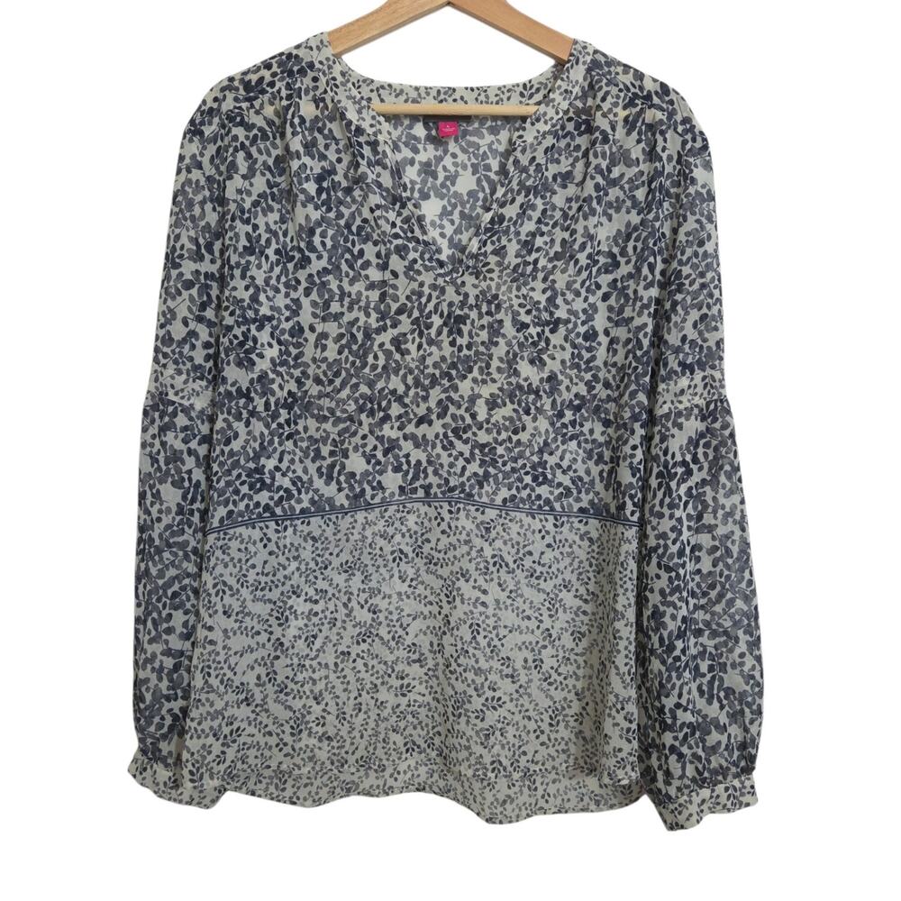 Vince Camuto Lightweight Semi-Sheer Long Sleeve V-Neck Leaf Print Blouse LARGE